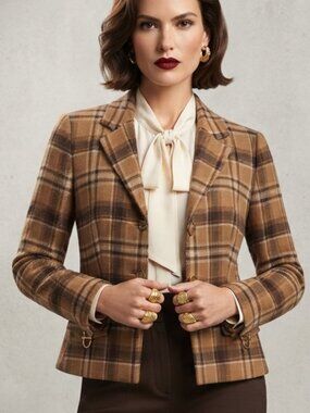 Jones New York Size 10 Equestrian Plaid Blazer Horse Bit Tan Brown Cream